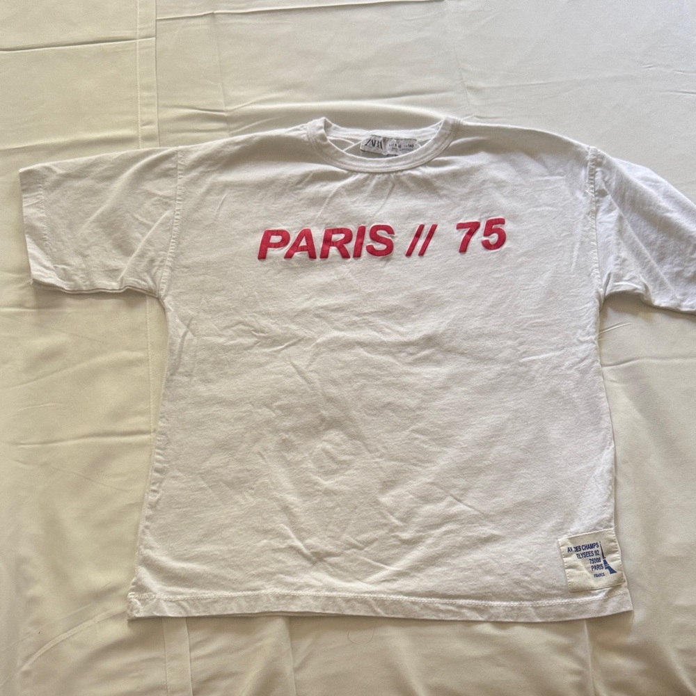 Zara White T-Shirt with Red Paris 75 Print